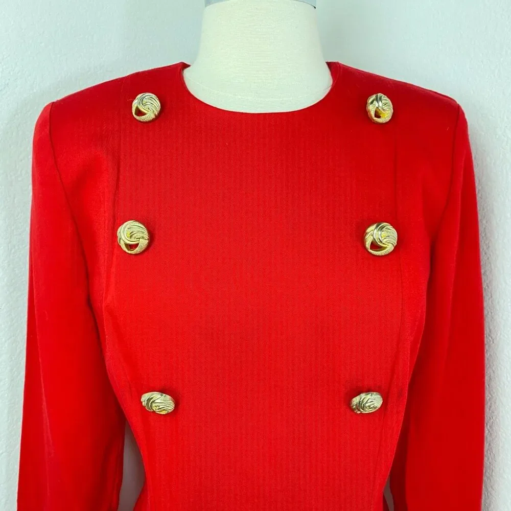Vtg 80 Danny & Nicole Red Shift Dress 6 petite Gold Buttons Long Sleeves Modest